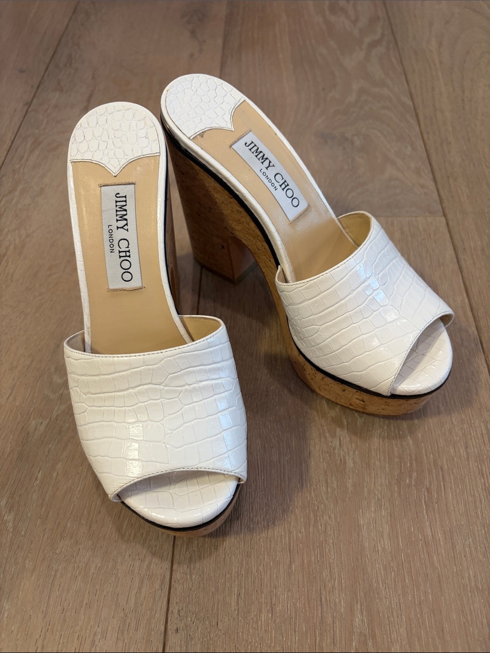 Jimmy Choo White Croc-Embossed Cork Platform Mules